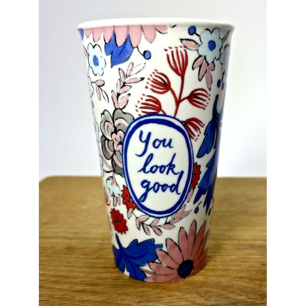 Anthropologie Molly Hatch Tall Travel Mug Floral You Look Good No Lid Tumbler